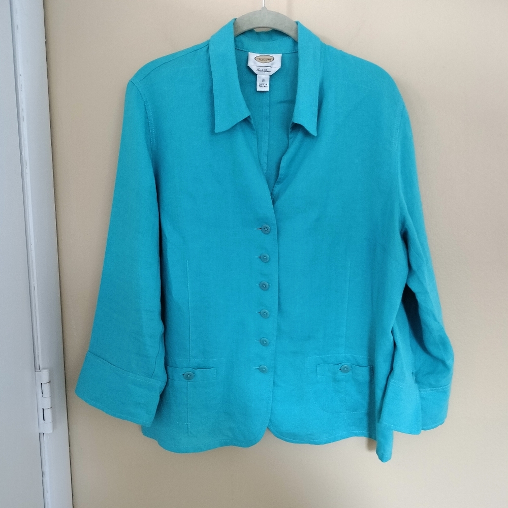 Talbots Irish Linen Blue Button Up Shirt Jacket 16 Office Vacation Travel